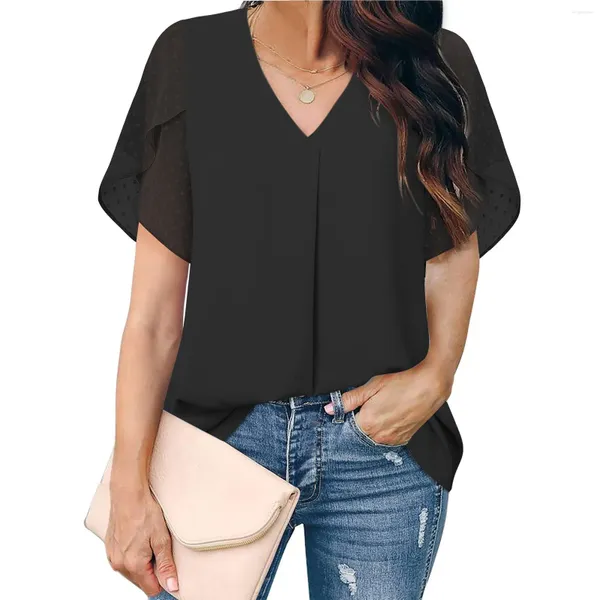 Camisetas femininas Mulheres v pescoço chiffon blusa de cor simples plataforma plissada de mangas curtas de mangas curtas camisa feminina elegante trabalho de escritório