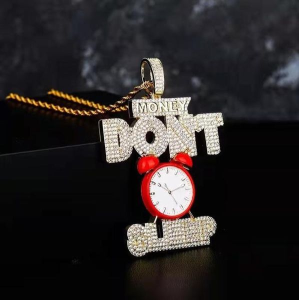 Moneta ghiacciata Don't Sleep Sleepcant Necklace Mens Luxury Designer Bling Diamond Letters Pendants Hip Hop Alarm Alarge Collane Buona fortuna J1005043