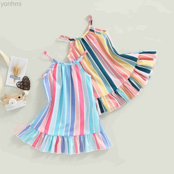 Mädchenkleider Kinder Kinder Kind Mädchen Sommer ärmellose Kleid vertikaler Streifen Druck Rüschen Saum lässige Spaghetti-Gurtkleid 6m-4t D240423