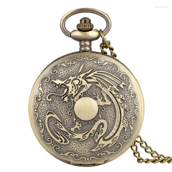 Pocket Uhren chinesische Bronze Drache geschnitzt Steampunk FOB Analog Uhr mit Ketten Halskette Geschenke Antiquitäten für Männer Frauen