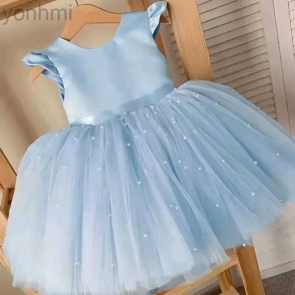 Vestidos de menina vestidos de renda de garotas de verão para crianças de 1 a 5 anos de flor de flor de tule tutu vestido sem costas arco princesa vestido de casamento infantil desgaste d240423