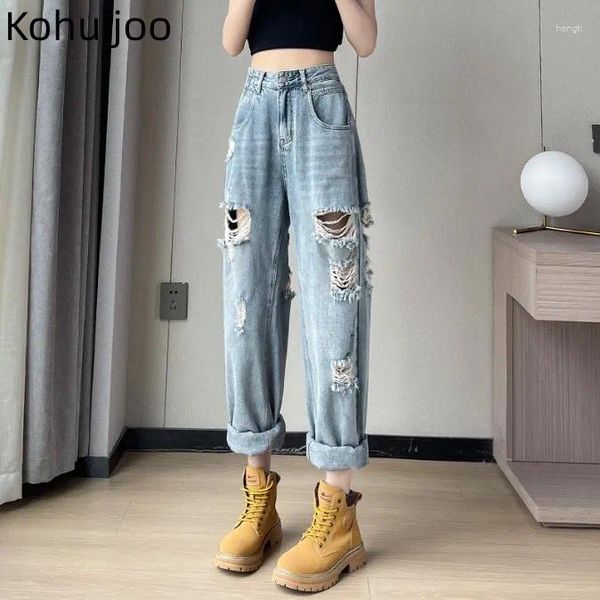 Frauen Jeans Kohuijoo hellblaue Sommer hohe Taille Baggy Hosen Frau Lose gerissene Loch Manschetten Harlan Denim Trend