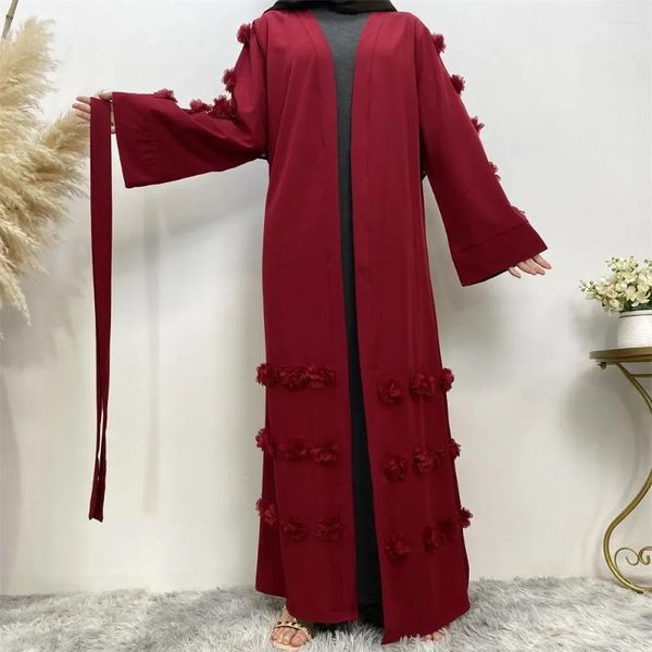 Ethnische Kleidung bescheidene muslimische Dubai Schnürung Open Abaya Kleid elegant ausgestattete Langarm Cardigan Abayas für Frauen dreidimensionale Blume