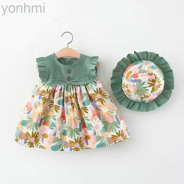 Mädchenkleider 2 PCs Neues Sommer Baby Mädchen Blumenkleid Mädchen ärmellose reine Baumwoll -Neugeborenen -Geburtstagskleid kommt mit Sonnenhut D240423