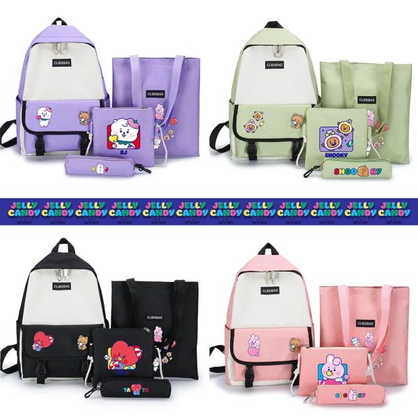 Bolsas de mochila 4pcs Backpack de mochila BT21 KPOP+bolsa de ombro+bolsa+caixa de lápis Meninas Kawai Stationery Supplies Moda School Saco