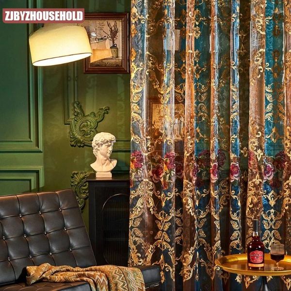 Cortina de cortina de luxo de luxo americana para quarto de estar com bordado retro jacquard hollow bordado translúcido acabado