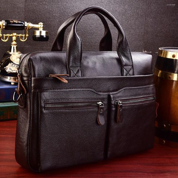 Briefzüge weiche echte Leder -Männer Aktentasche 15 Zoll Laptop Business Bag Cow Double Layer Messenger Work Tote Schwarz