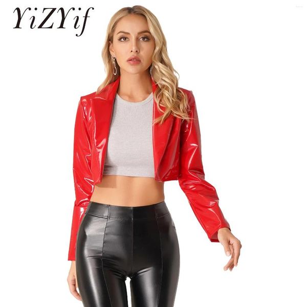 Giacche da donna Fashion Mleeve Crop Giacca per donne Glossy Paint Leatch Leath Back Capped Coat Ladies Wetlook Clubwear Cosplay Festa