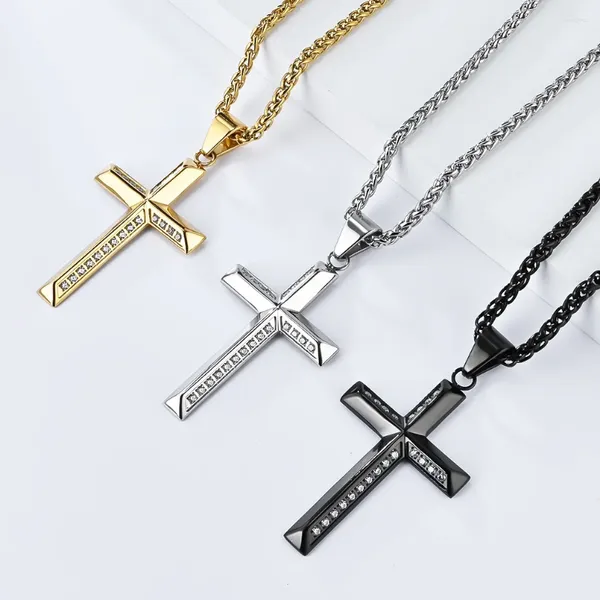 Anhänger Halsketten JHSL Männer kubisch Zirkon Kreuz Anhänger Statement Halskette Mode christliche Schmuckkette Edelstahl Schwarz Gold Silber