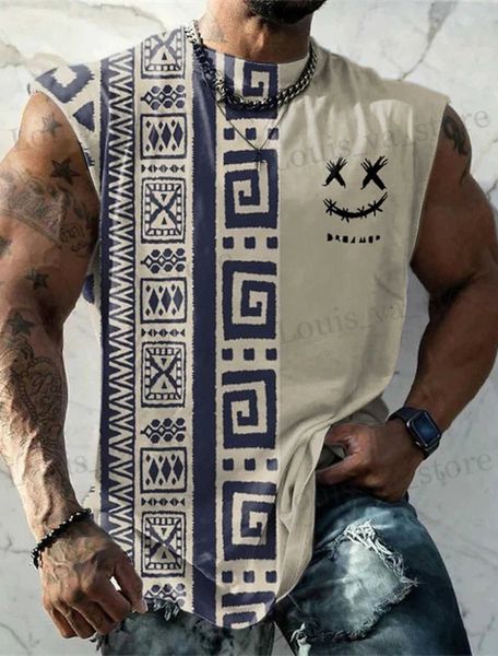 T-shirt maschile estate New Mens gilet maglietta Maglietta Tribal Round Neck Abbigliamento Daily Sports Sports Vintage Slivels Stamping Etnic Tops T240419