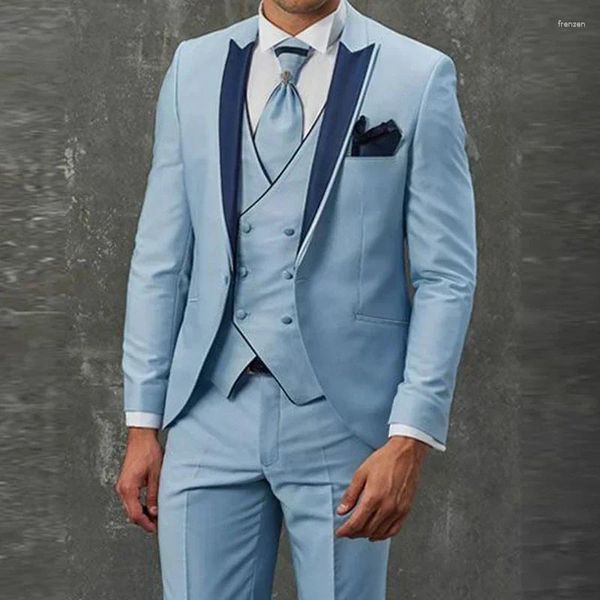 Herrenanzüge Sky Blue Elegant Männer Smart Casual Slim Fit Blazer Hombre Hochqualitäts Custom 3 -teilige Set Jacke Hose Weste Kostüm Homme