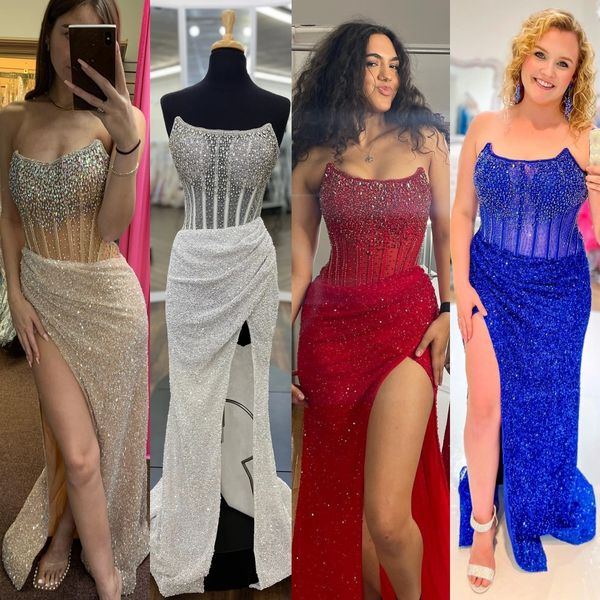 Corset Bustier Resmi Parti Elbise Döktü Slit Sütun Ünlü Lady Pageant Balo Akşam Etkinliği Özel Durumu Hoco Gala Kokteyl Kırmızı Halı Pist Elbisesi çıplak kraliyet