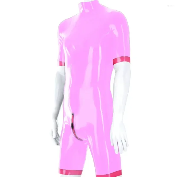 Shorts masculinos homens de manga curta pescoço de pescoço aberto zíper de zíper cor de boath bodysuit Faux couro de pvc maiússio de pvc spandex teto macacão costume