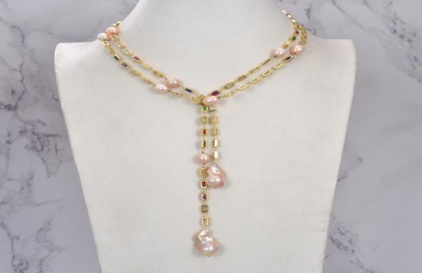 Gioielli Guaiguai coltivati Pink Keshi Pearl Mixed Color Rectangle CZ Pave Long Chain Madey Fade a mano per donne GEMS REALE Stone LA9986212