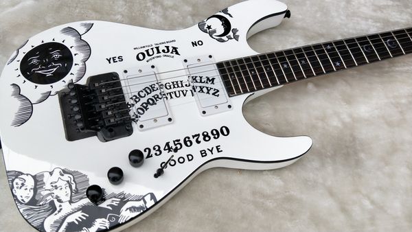 Пользовательский магазин kh-2 ouija kirk hammett белый электрогитарный звезда луна Inlay floyd rose tremolo черное оборудование для китайского китайского EMG Пикапы 9 В батарея батарея