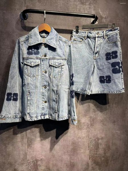 Kadın Ceketleri Kadın Logo Baskı Denim Seti 2024 Moda Kadın Dönüşü Yaka Uzun Kollu Tek Göğüslü Ceket Yüksek Bel Gasit Şort