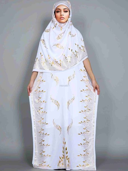 Ethnische Kleidung Neues Mode -Sommerkleid mit großem Schal Dubai Türkei Kaftan Muslim losen Abaya Frauen Afrikaner Casual Maxi Gold Stempelrobe D240419