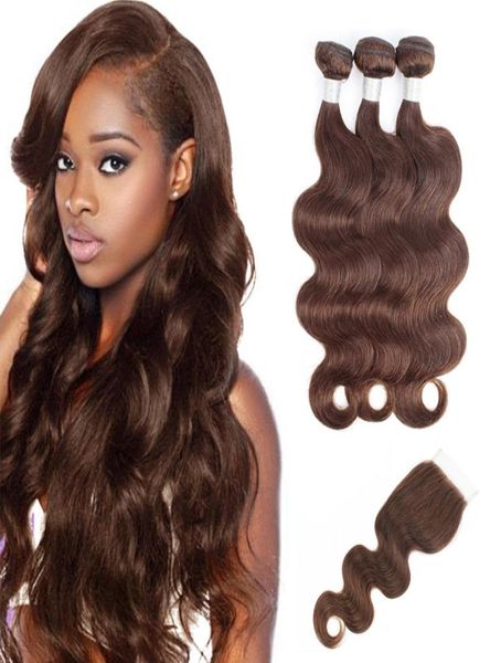 Beijo Hair Body Wave Color 4 Chocolate Brown Cor 2 Marrom escuro 3 pacotes com encerramento de renda Virgem crua Remy Hair Hair2807223