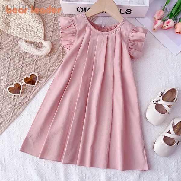 Vestidos de menina urso líder 3-7y meninas meninas vestidos princesas redonda pescoço de verão cor de cor sólida, vestido de manga voadora plataforma de menina rosa d240423