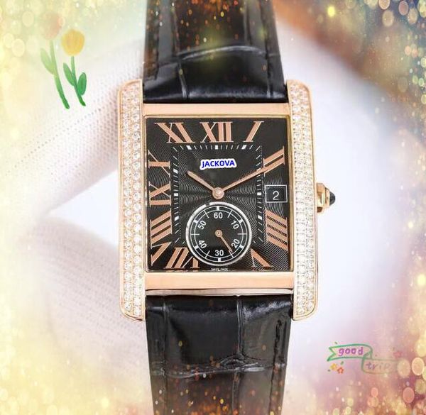 Super Quality Relojes Iced Out Men Watch Square Square Two Diamonds Anello Quarzo Mens Calendario Orologio Roman Tank Series Cancelliere Orologi Braccialetti per braccialetti.