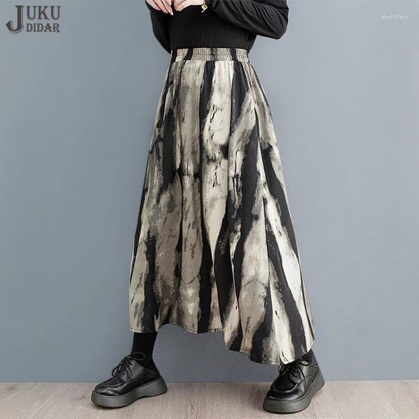 Юбки нарисованные мода A-Line Эластичная талия в корейском стиле Женщина Long Vintage Print Skirt Casual Streetwear Lake Fit JJSK055