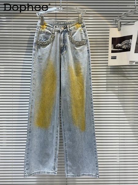 Frauen Jeans Wide Leg Women 2024 Frühlings Sommermädchen Strass -Perlen -Taschen -Tasche schwere Rouge Hosen hoher Taille