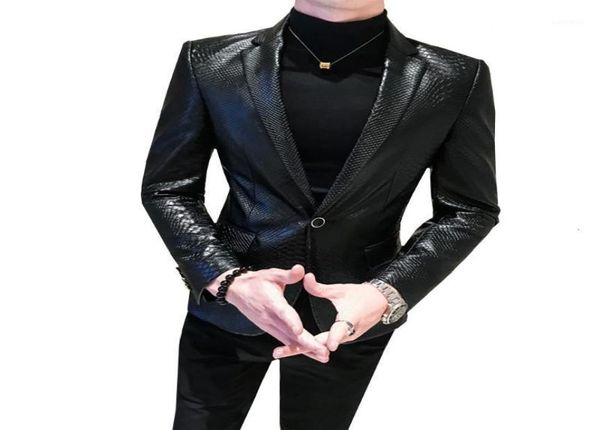 Men039s yılan derisi dövme PU sahte deri ceket ceket iş rahat yılan cilt tarzı ince takım elbise blazer ceketler siyah erkek m4xl4552072