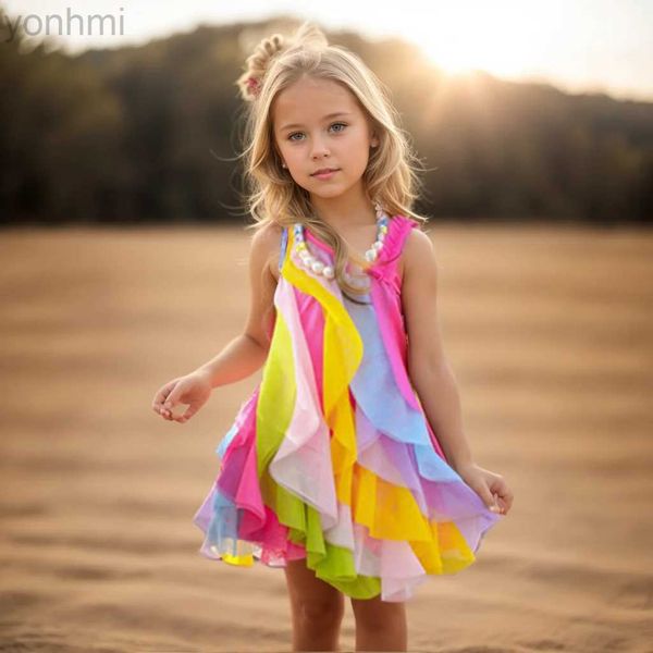 Abiti da ragazza Abito estivo abito arcobaleno abito arcobaleno per ragazza senza maniche ragazze abiti per bambini abbigliamento per bambini 6 8 10 12 14 d240423