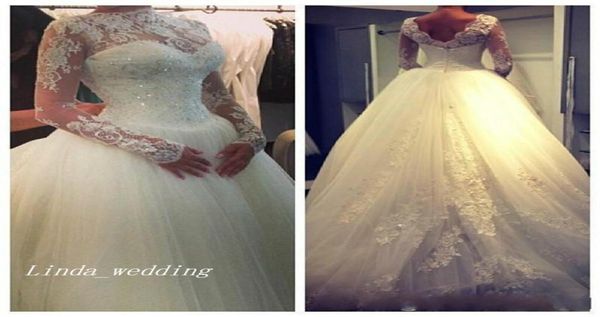 Hochhaltige Hochzeitskleider eleganter Prinzessin Ballkleid geschwollene Tüll Langarm Open Rückenbilder formelle Brautpartykleider Vestidos D4860693
