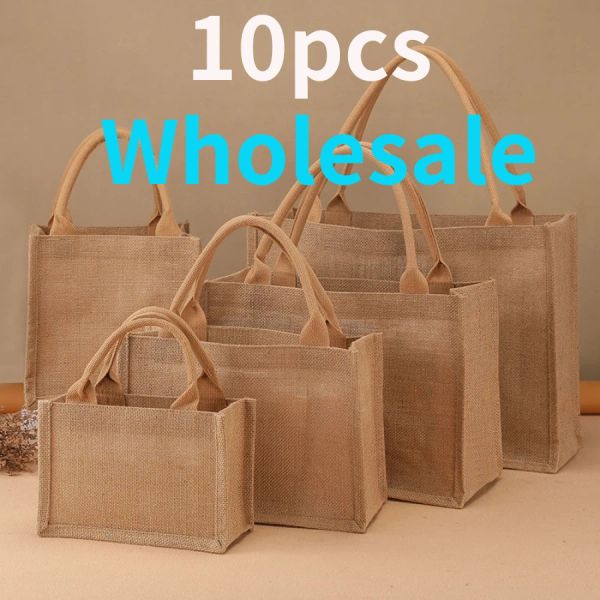 Bolsas 10pcs atacado Vintage Mulheres Linear Tote Shopper Bolsa Bolsa de compras portáteis e ecológicos Bolsa de tamanhos múltiplos de tamanhos