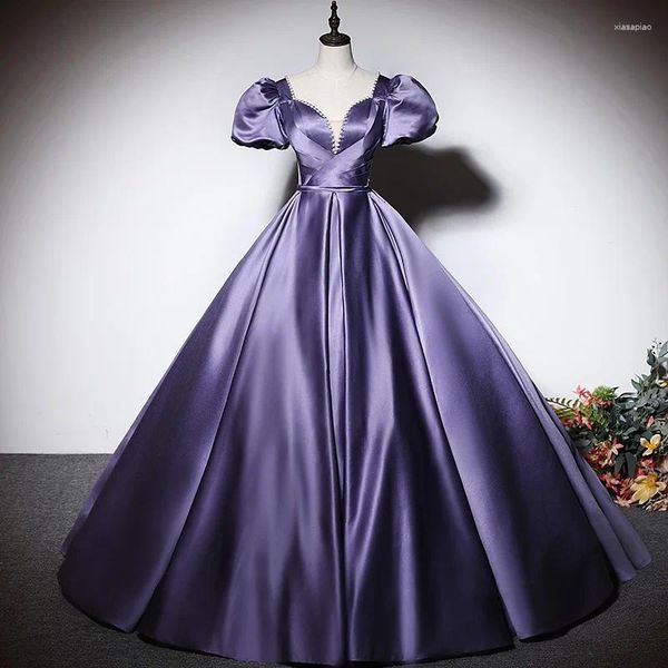 Вечеринка вечернее платье фиолетовое атласное короткие рукава складки v-r-образное кружевное кружев