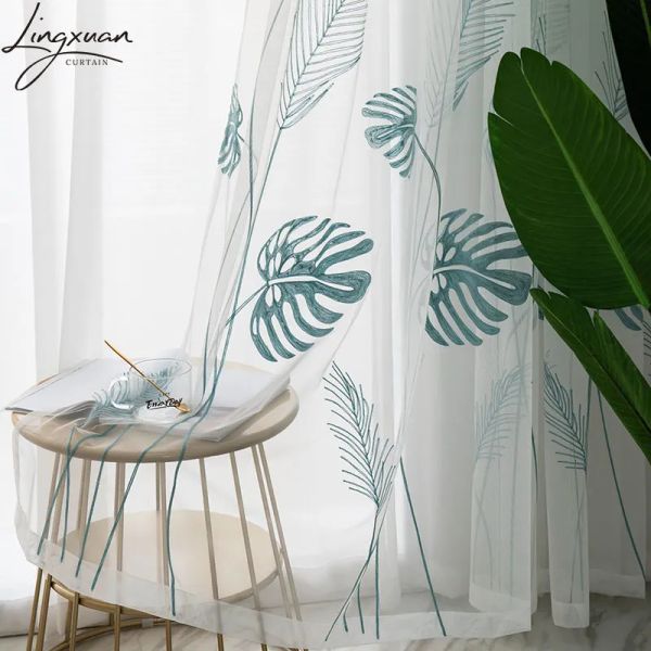 Cortina cortina de cortina folhas de palmeira bordadas Janela de tule para sala de estar quartos de planta de voz pura cortinas de cozinha tratamentos de painel cortinas 23