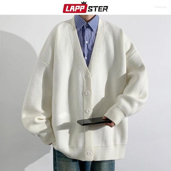 Erkek Sweaters Harajuku Yün Düğmesi Up hırka kazak dışarıları Kore moda örgü erkekler vintage v boyun grafik örgüsü