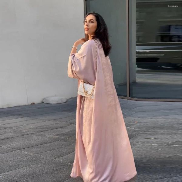 Etnik Giyim Müslüman Moda Dubai Kadınlar Parlak Saten Açık Kimono Abaya Suudi Fas Kaftan Mütevazı Zarif Parti Türk Robe