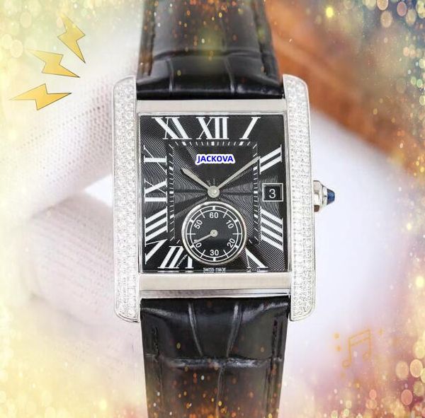 Суперкачественный Relojes Iced Out Men One Eye Watch Watch квадрат Два линии бриллианты кольцевые календарь мужские часы римские танки серии коровьей ремешки кожаные ремешки часы подарки