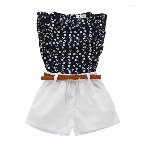 Roupas conjuntos de roupas de verão de roupas de bebê configurado para crianças calças de camiseta com estampa floral com estampa floral com calças com garotas de cinto 3-8y