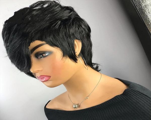 Wavy Bob Pixie Curto Máquina Full Full Feed Non Lace Front Human Wigs com franja para mulheres negras Remy Brasilian3229268