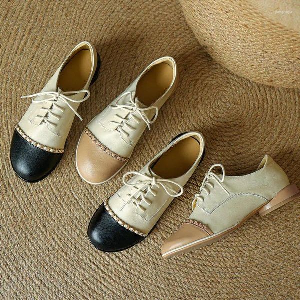Scarpe casual 2024 Spring Genuine Leather Mix Color Chain Design Girls School Lace-Up Round Toe Derby Oxfords Women Brogues Flats