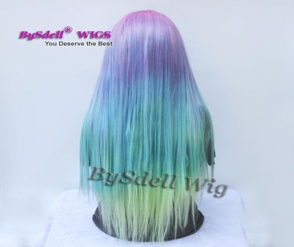 Colore arcobaleno sirena dritta lunga nessuno in pizzo in pizzo parrucca anteriore bellezza pastello rosa viola blu verde colorato anime cosplay5119705