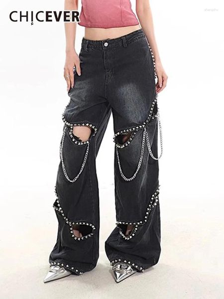 Calça feminina jeans de corrente de retalhos de chicever para mulheres bolsos emendados de cintura alta Hold Out Hit Color Spring Streetwear Feminino 2024