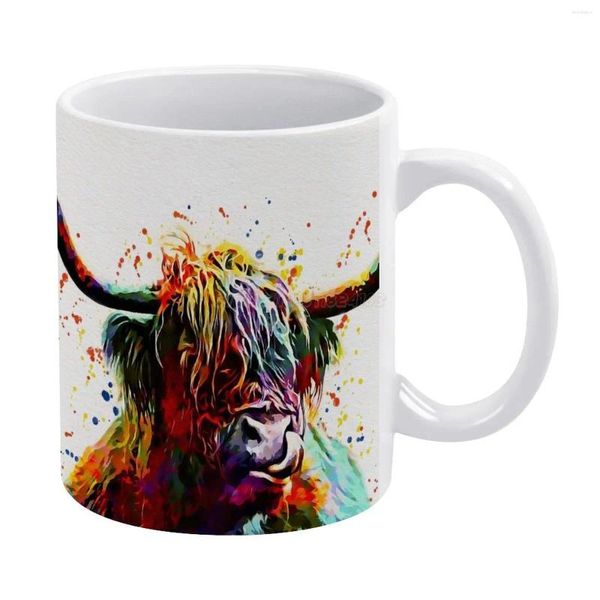 Tassen Highland Cow Aquarellkunst Arbeit weißer Becher für Freunde und Familienkreatives Geschenk 11 Unzen Kaffee Keramik SCO