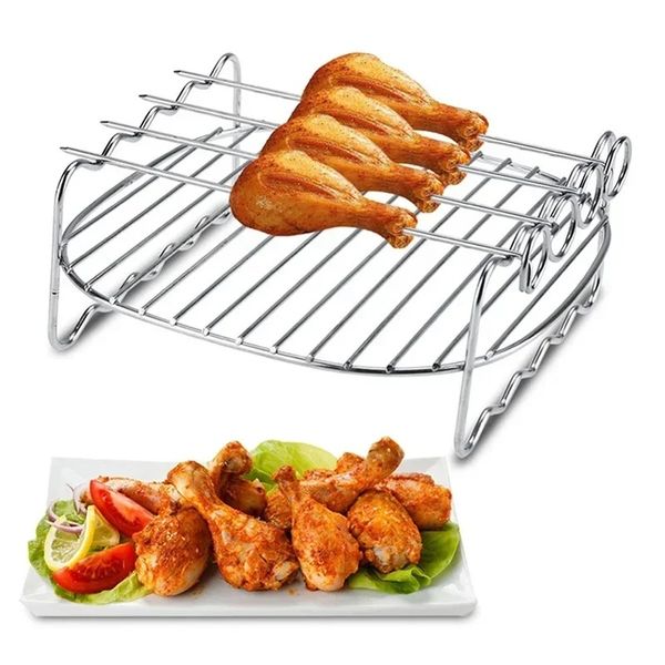 Justdolife 7inch Air Fryer Rack Set Vielseitig Grillregal Doppelschicht -Rack mit Spieße Dampfabflussölhalter für die Küche