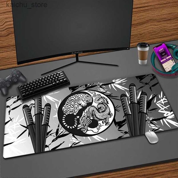 Mouse almofadas de mouse repousa o tigre x dragão japonês japonês grande jogo mouse pad de borracha de borracha de jogos antislip mousepad xxl para laptop de laptop de computador Mat de mesa preta y240419