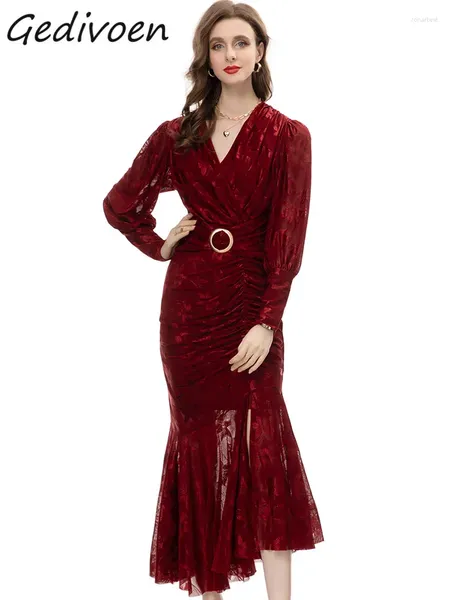 Vestidos casuais gedivoen designer de moda de outono vinho vermelho sereia vestido feminina v pesco o anel de babados nádegas pacote nádegas slim long