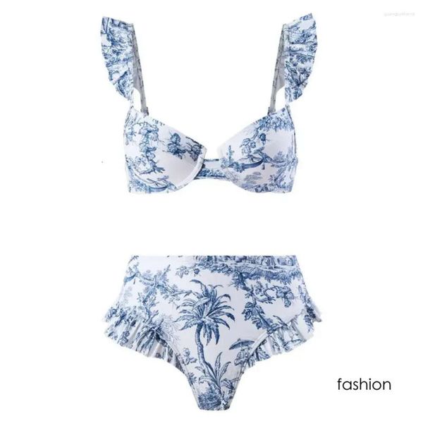 Женские купальные костюмы Bohemian Printed Swimsuit Women Split Gohemia Style Ruffle Eleve Bandeau Bra Bra High Play Set Floral для пляжа Best 8884