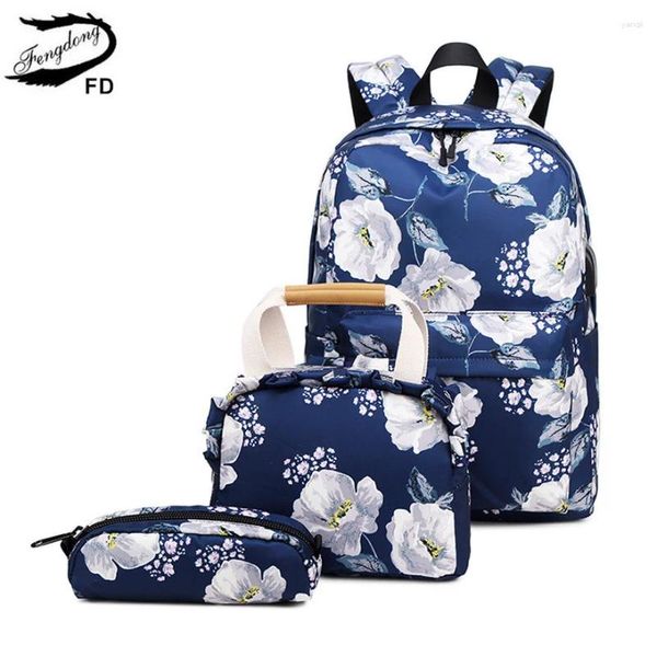 Bolsas escolares Fengdong 3pcs/definição de mochila floral para meninas Bolsa de flores fofa Conjunto de lápis de aluno Kids Kids Kids