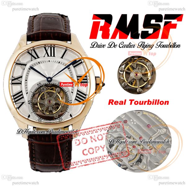 Drive Flying Tourbillon Automatic Mens Watch RMSF RSF Gold Серебряный черный римский циферблат коричневый кожаный ремешок Super Edition Watch Seloj Hombre Montre Puretime Ptcar