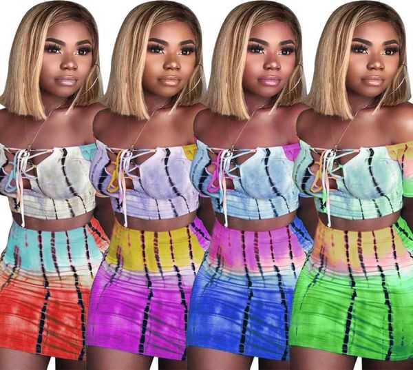 Sommer Frauen 2 zweiteilige Outfits Set aus Schulter Slash Hals Schnürung Schnürung Top Bodycon Rock Mini Kleid Anzüge Plus Size Clothing7657281