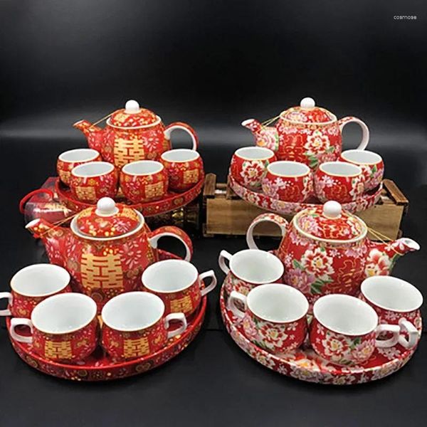 Tee -Sets chinesische traditionelle Hochzeit Keramik Tee Set Retro Red Double Happiness Teekanne Lywed Braut Geschenk Mitgift Heiratsangebot
