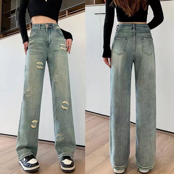 Jeans de grife feminino com letras bordadas brancas, jeans skinny de cintura alta, jeans de perna reta